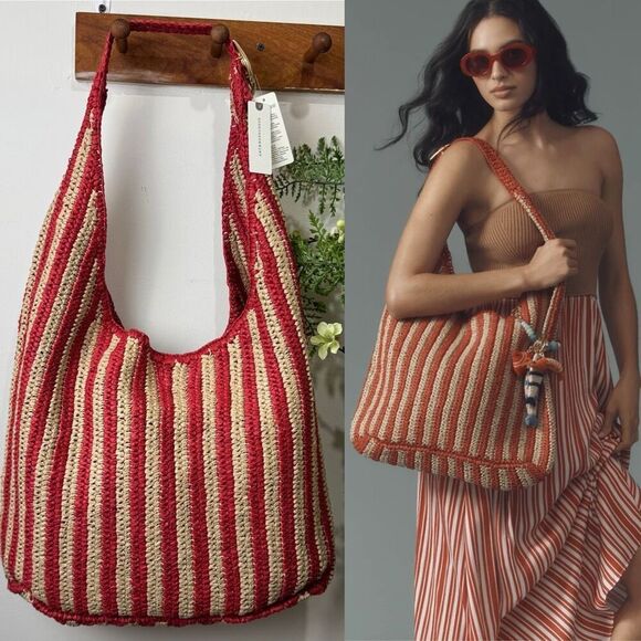 Anthropologie The Love Knot Slouchy Bag: Raffia Buckle Edition | New NWT | Red S - Picture 1 of 16